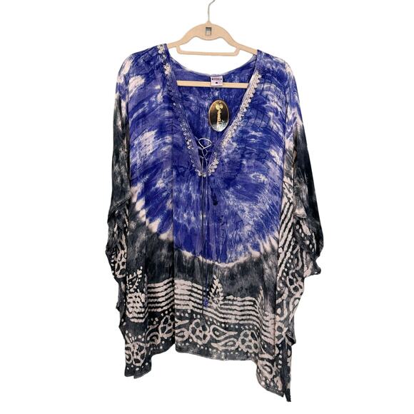 SHORELINE Swim Cover Up 2XL Kaftan Tie Dye Lace Up Tassel Boho Summer Blue NWT - Picture 1 of 7